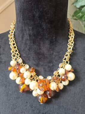 Amber Brown Pearl Cluster Statement Necklace